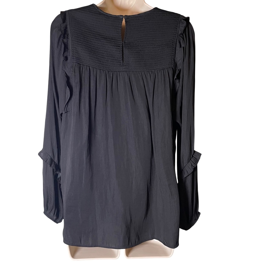 Dolan Left Coast Collection Black Smocked Ruffle Long Sleeve Blouse Large - Picture 2 of 12